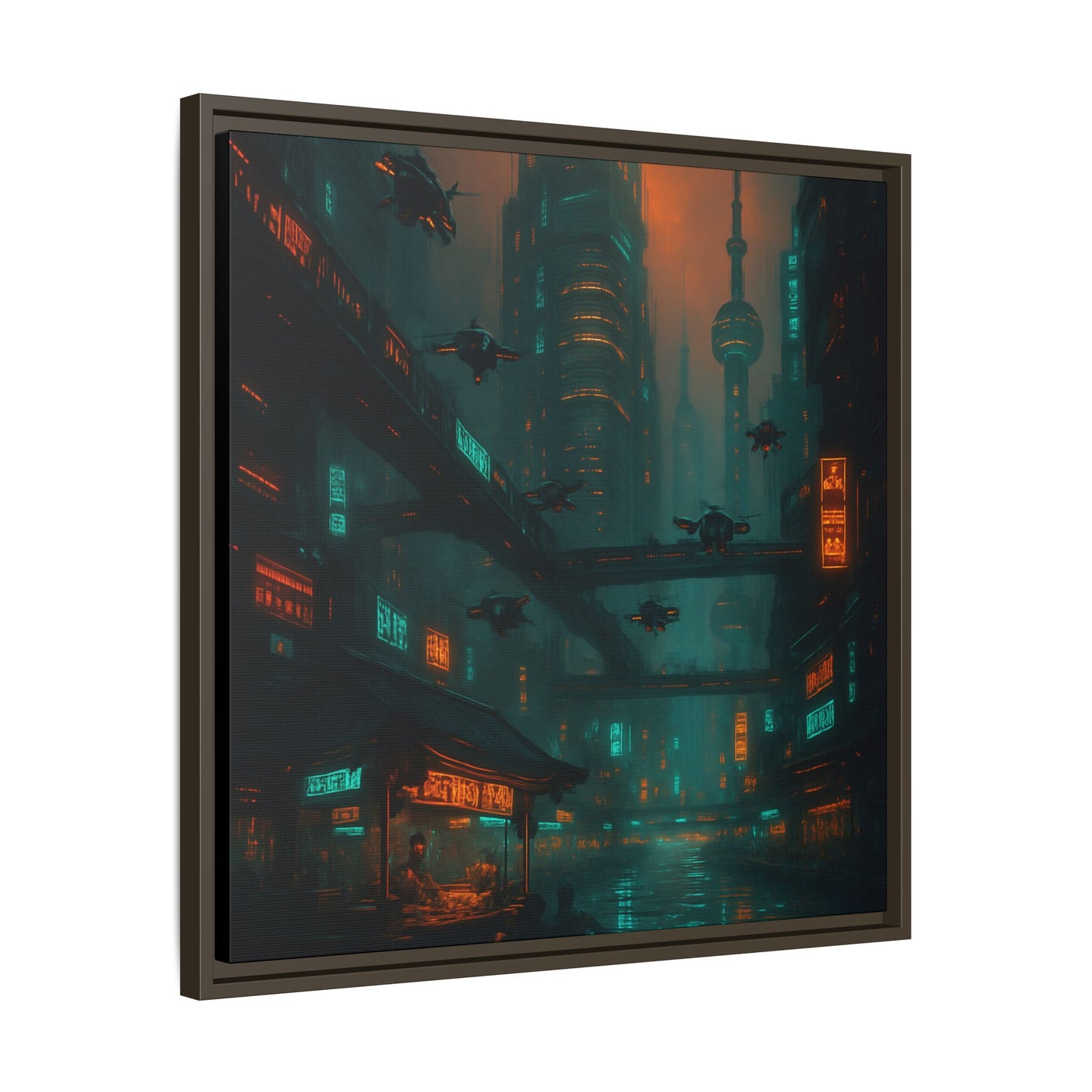 Neon Drone Cityscape Framed Matte Canvas