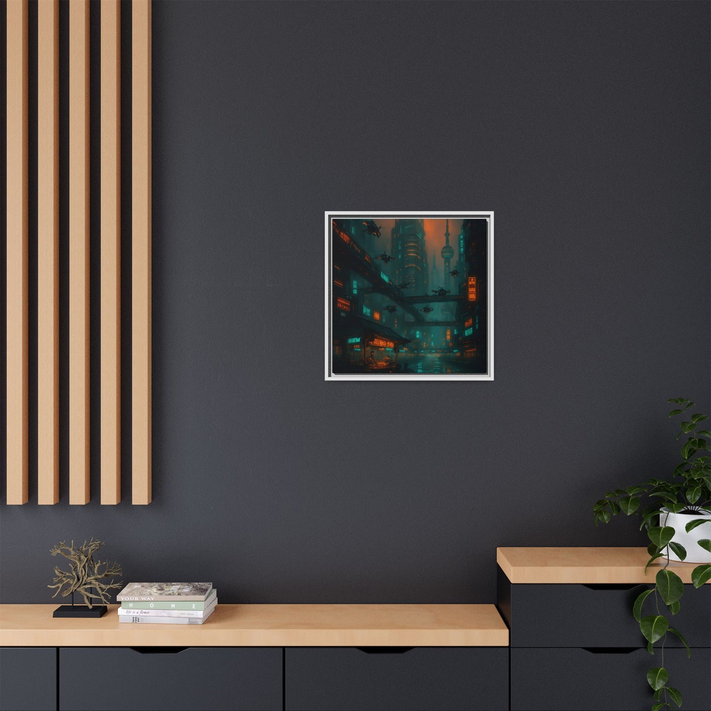 Neon Drone Cityscape Framed Matte Canvas
