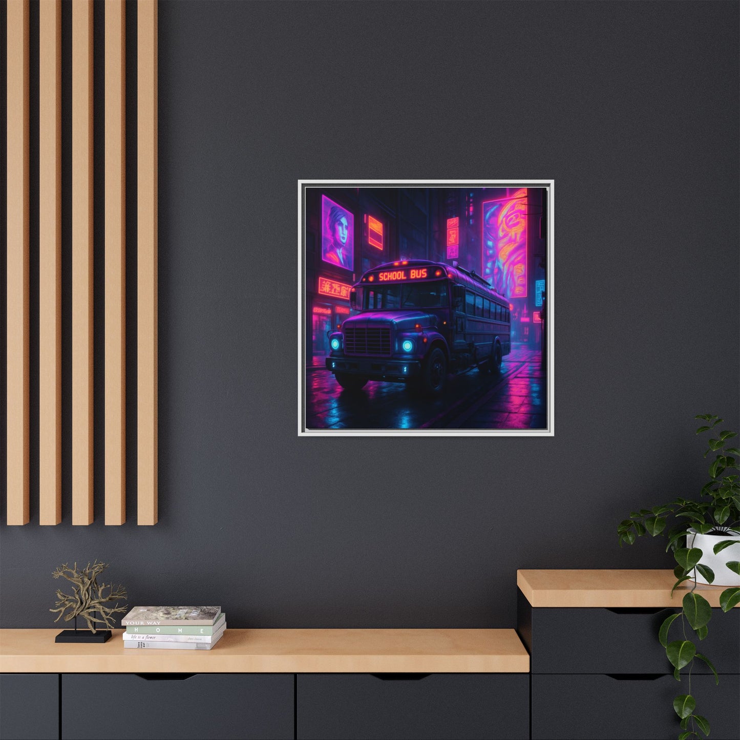 Neon School Bus City Framed Matte Canvas