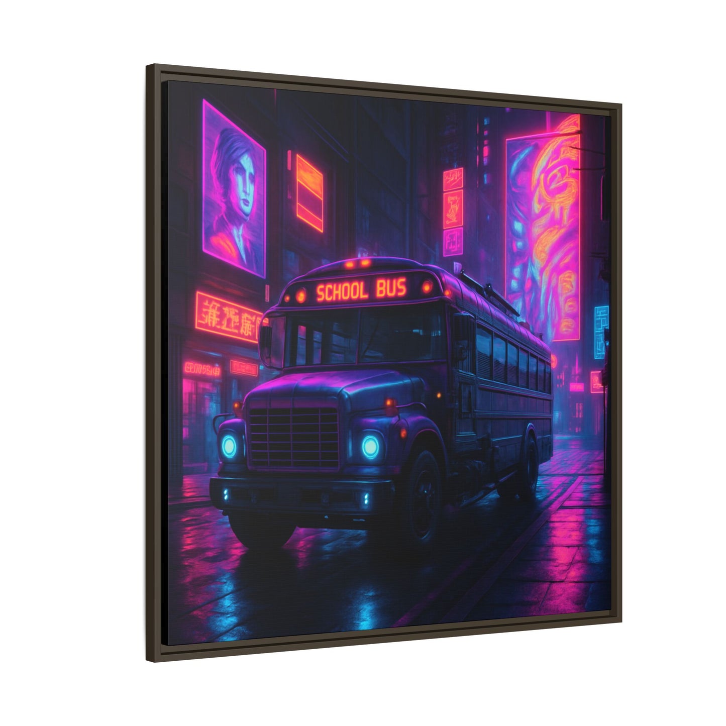 Neon School Bus City Framed Matte Canvas