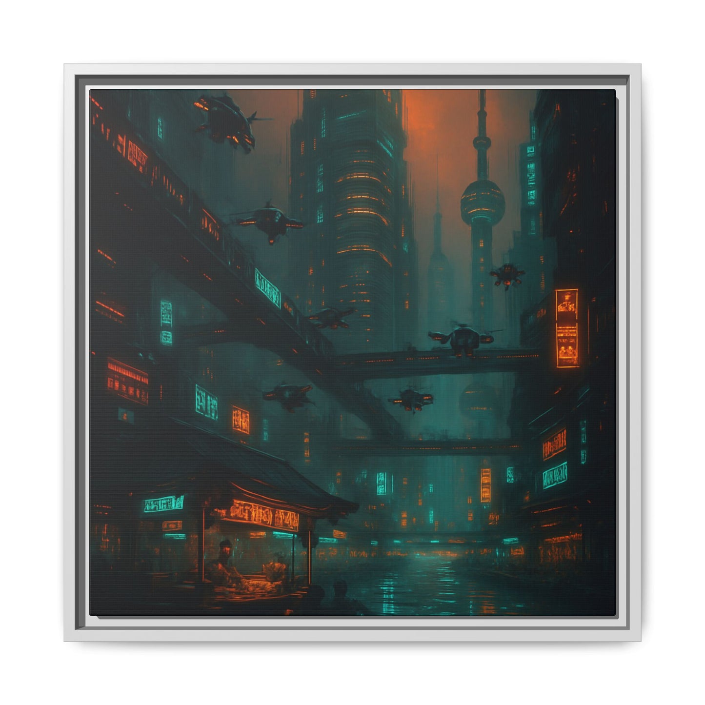 Neon Drone Cityscape Framed Matte Canvas