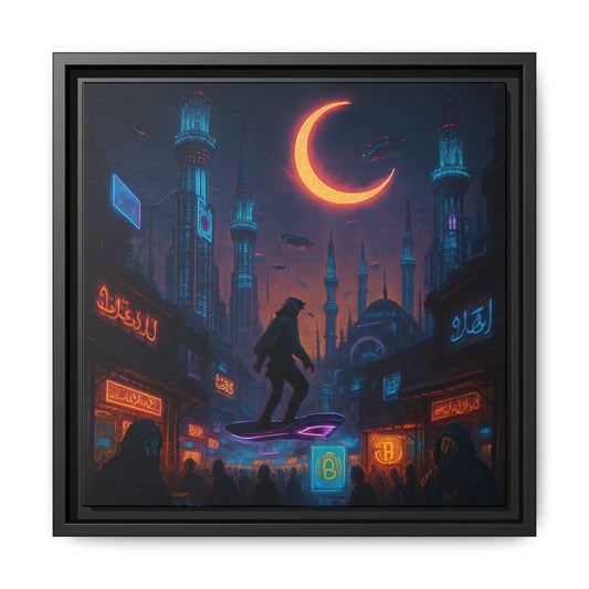 Neon Crescent Bazaar Framed Matte Canvas