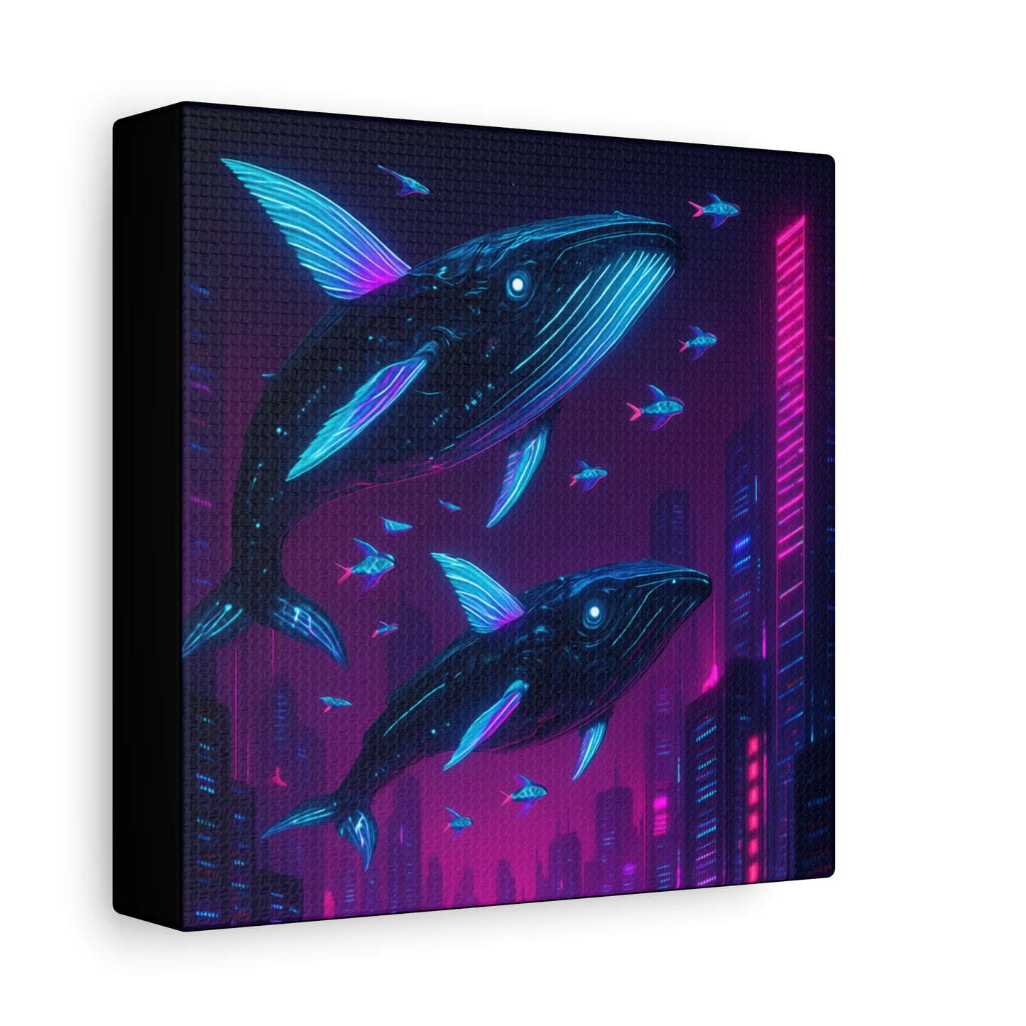 Neon Skyline Whales Matte Canvas