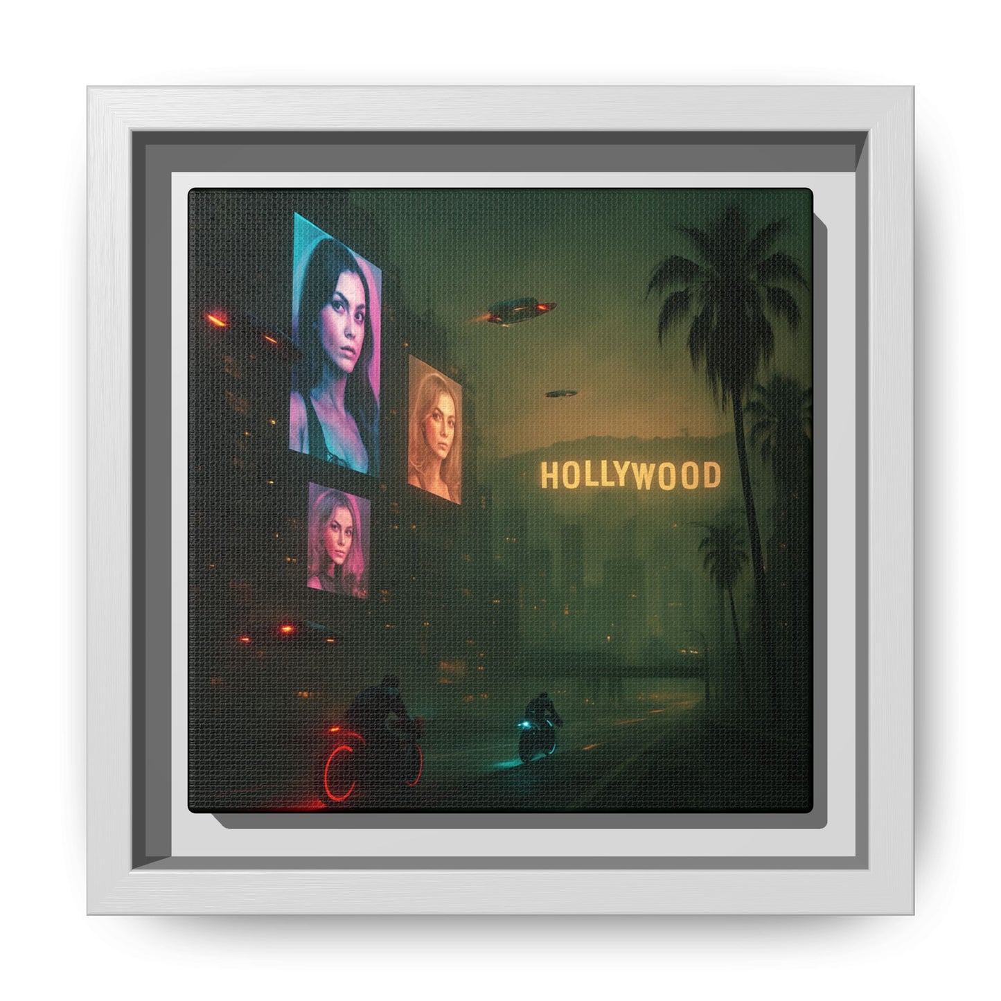 Neon Hollywood Nights Framed Matte Canvas