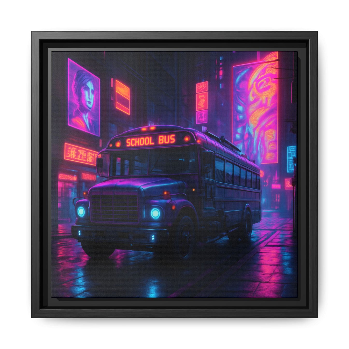 Neon School Bus City Framed Matte Canvas