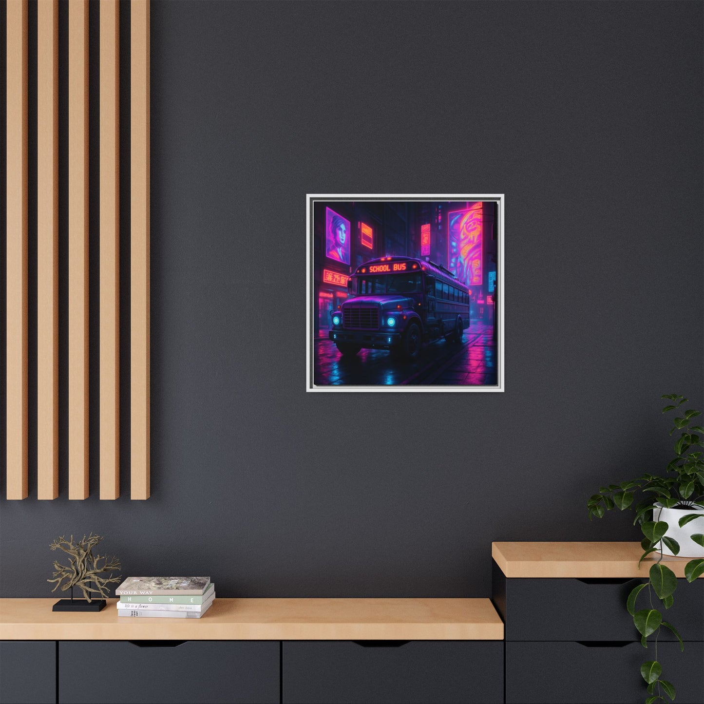 Neon School Bus City Framed Matte Canvas