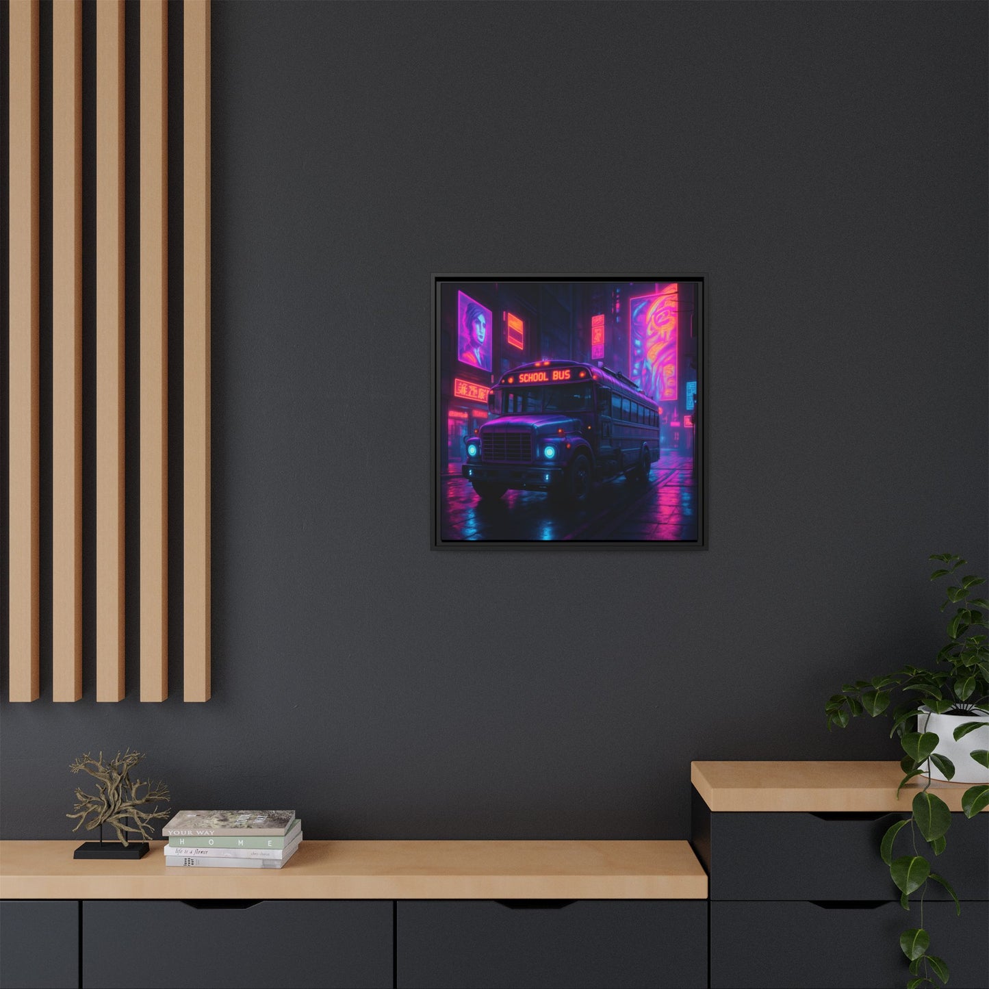 Neon School Bus City Framed Matte Canvas