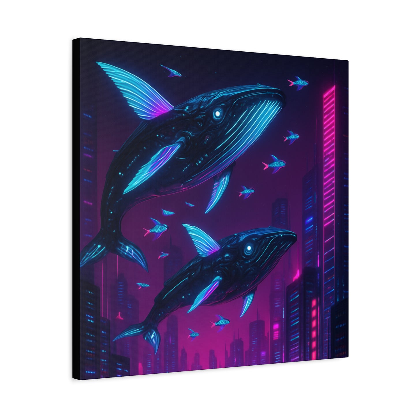 Neon Skyline Whales Matte Canvas
