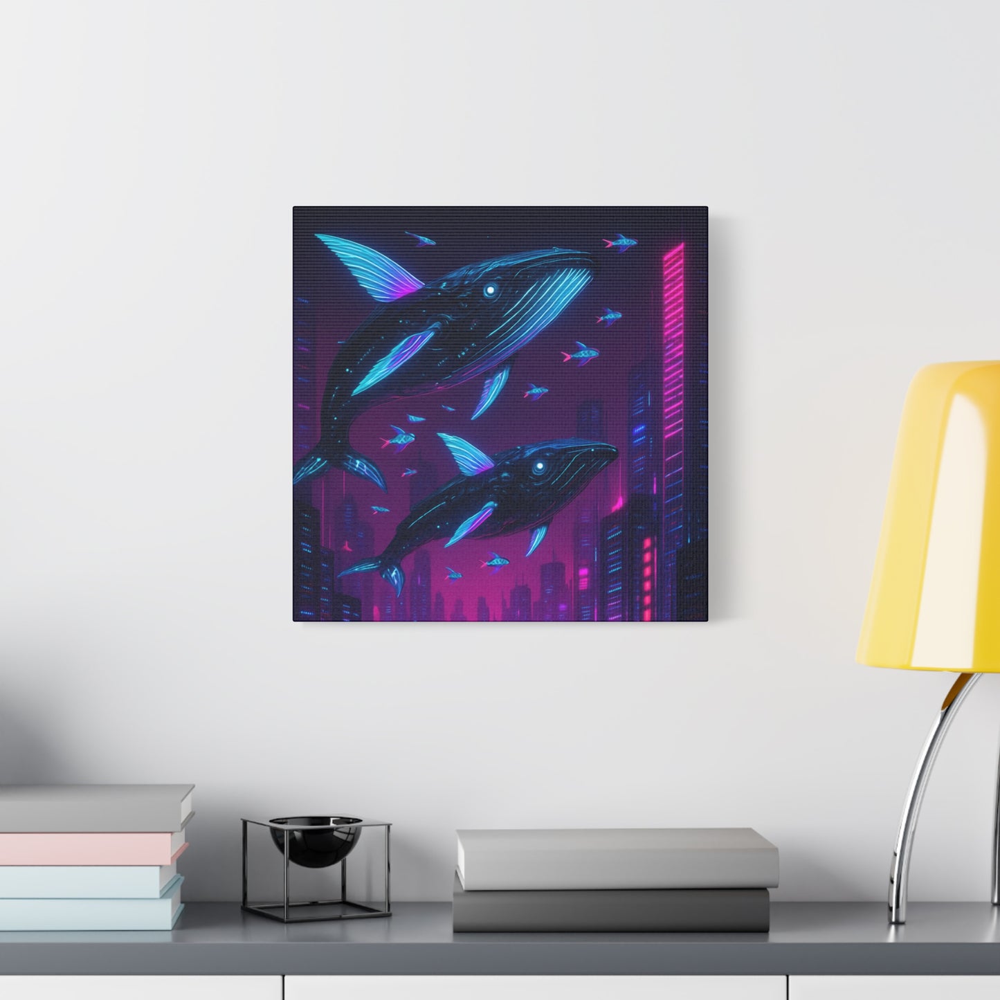 Neon Skyline Whales Matte Canvas