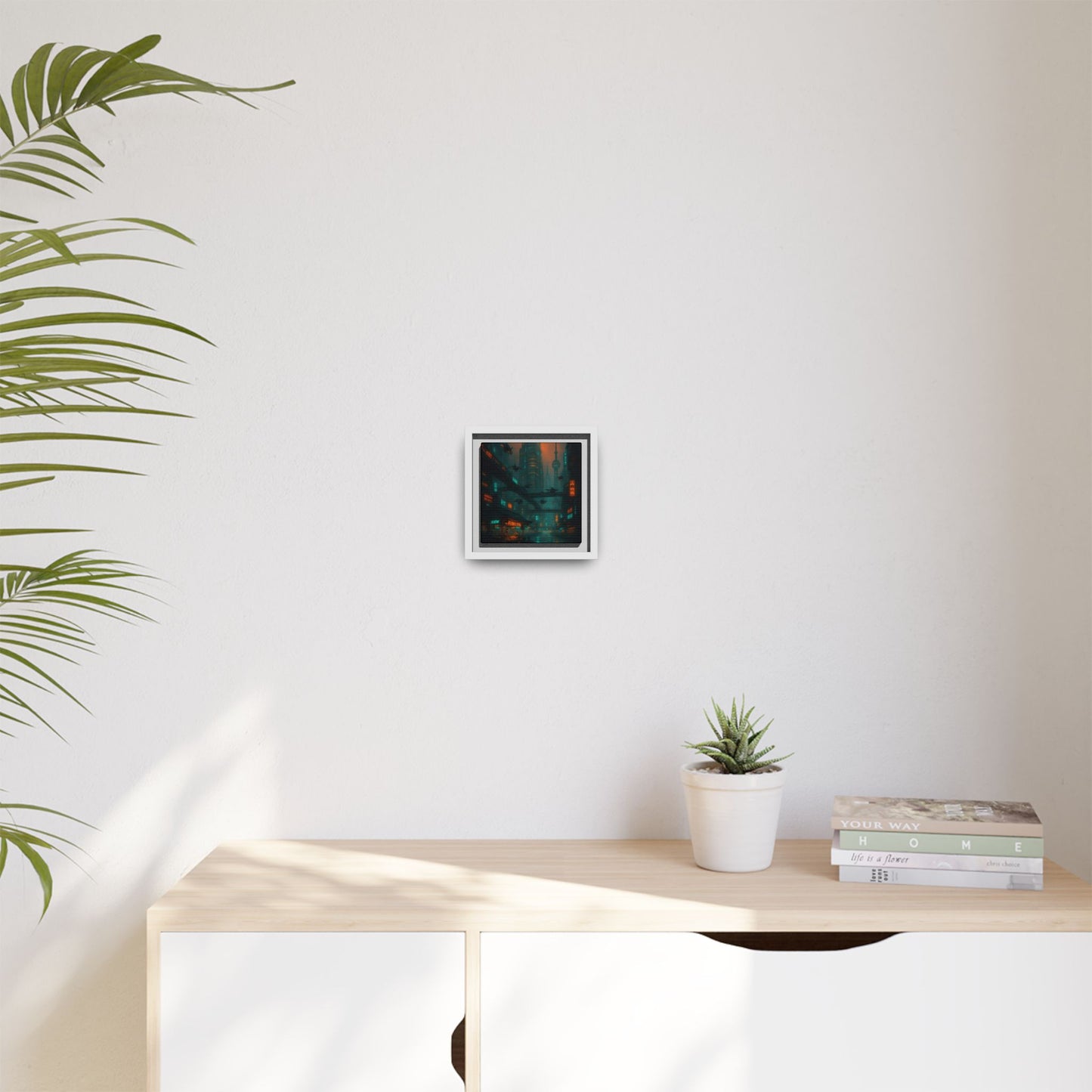 Neon Drone Cityscape Framed Matte Canvas
