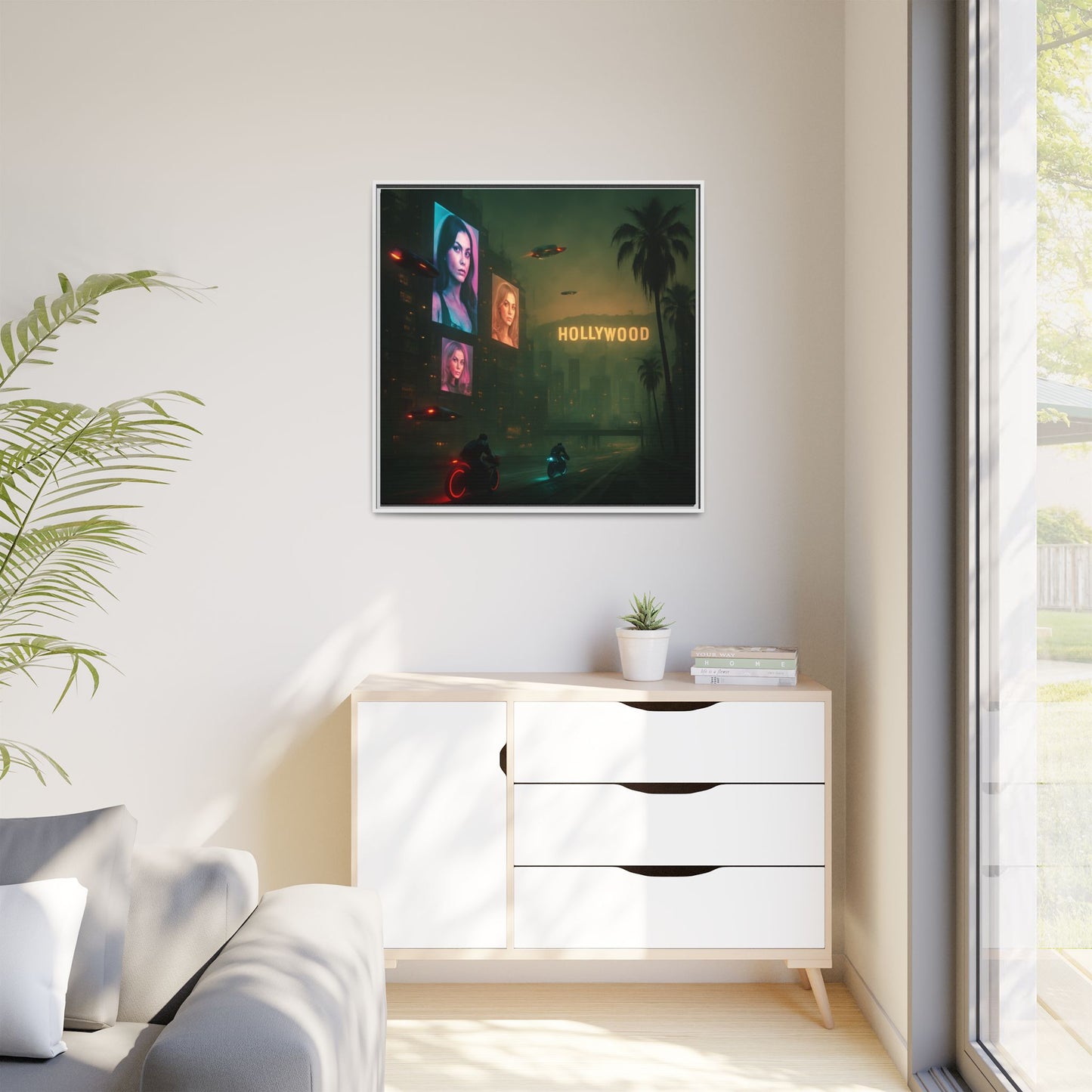 Neon Hollywood Nights Framed Matte Canvas