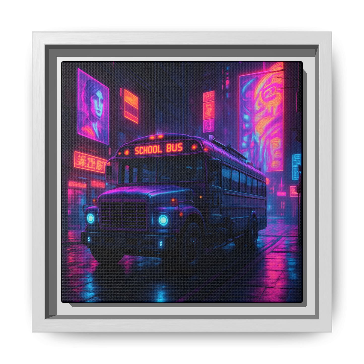 Neon School Bus City Framed Matte Canvas