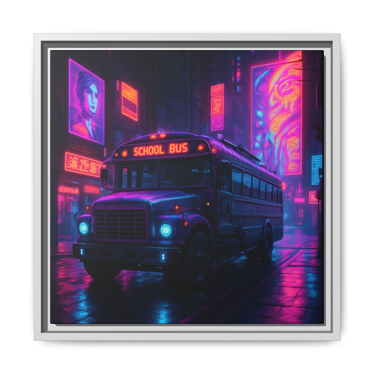 Neon School Bus City Framed Matte Canvas