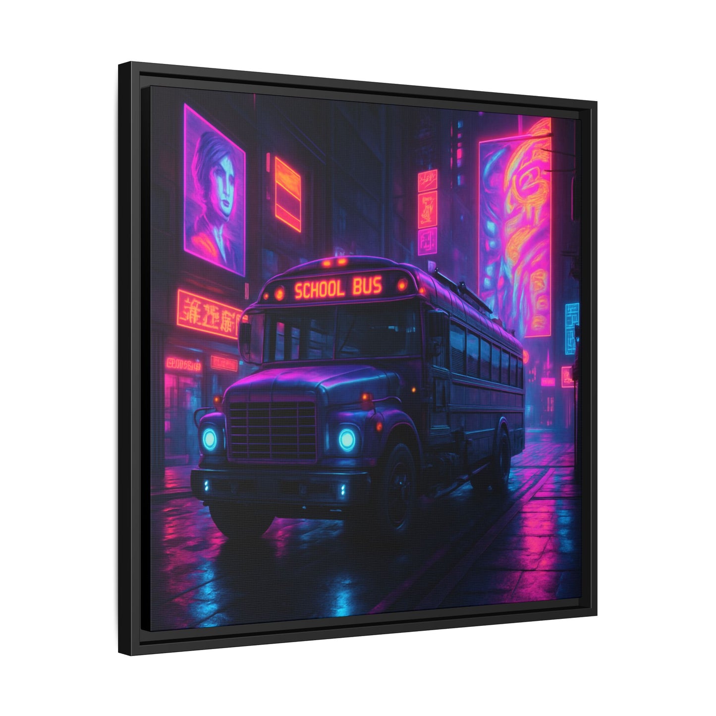 Neon School Bus City Framed Matte Canvas