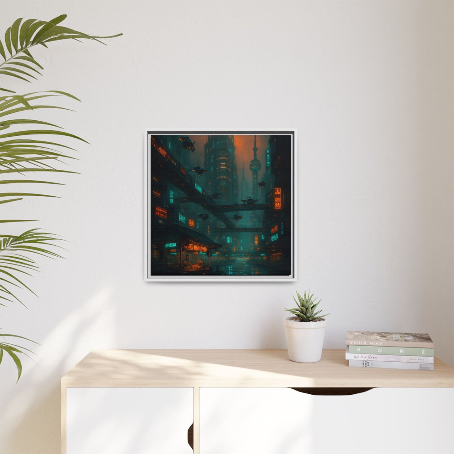 Neon Drone Cityscape Framed Matte Canvas