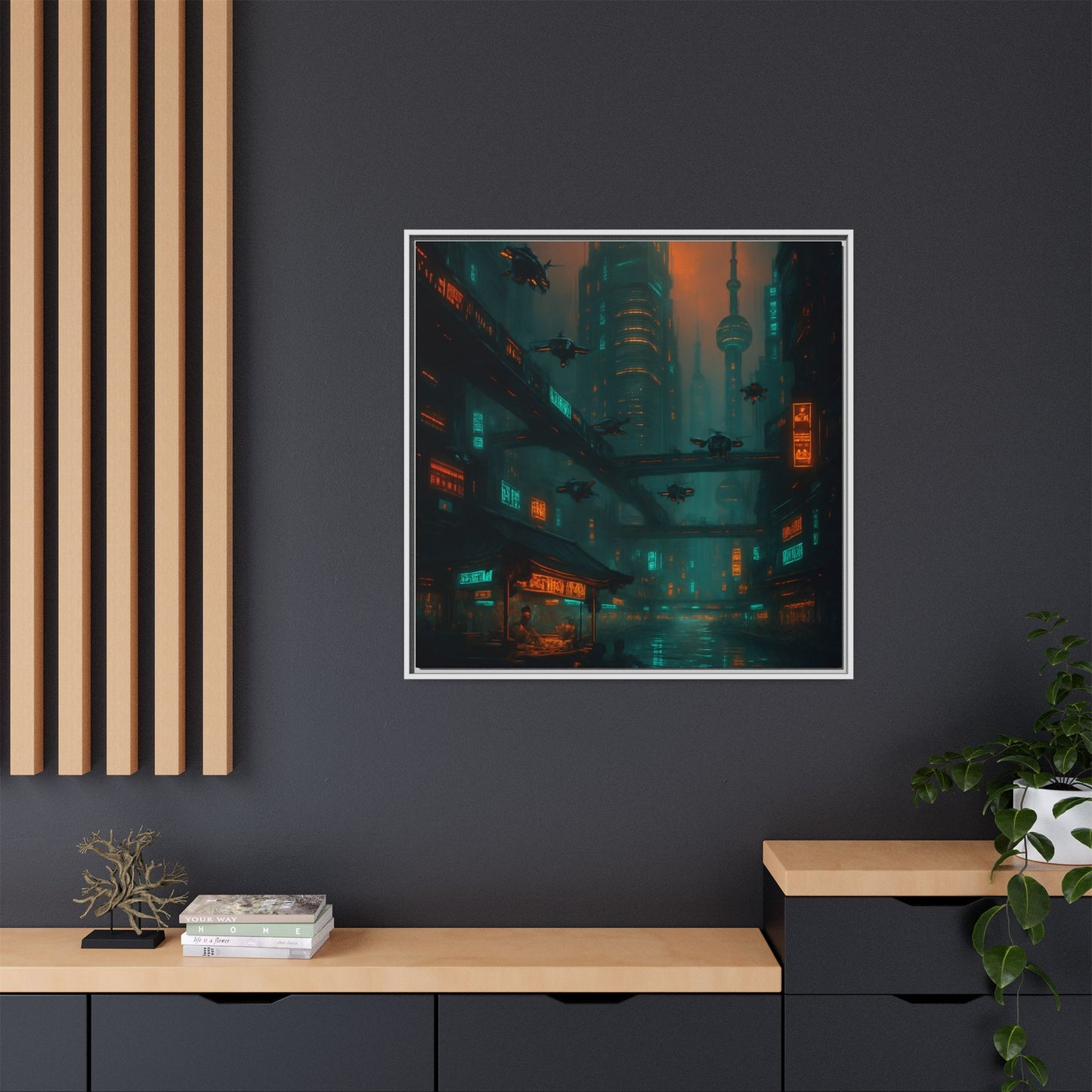 Neon Drone Cityscape Framed Matte Canvas