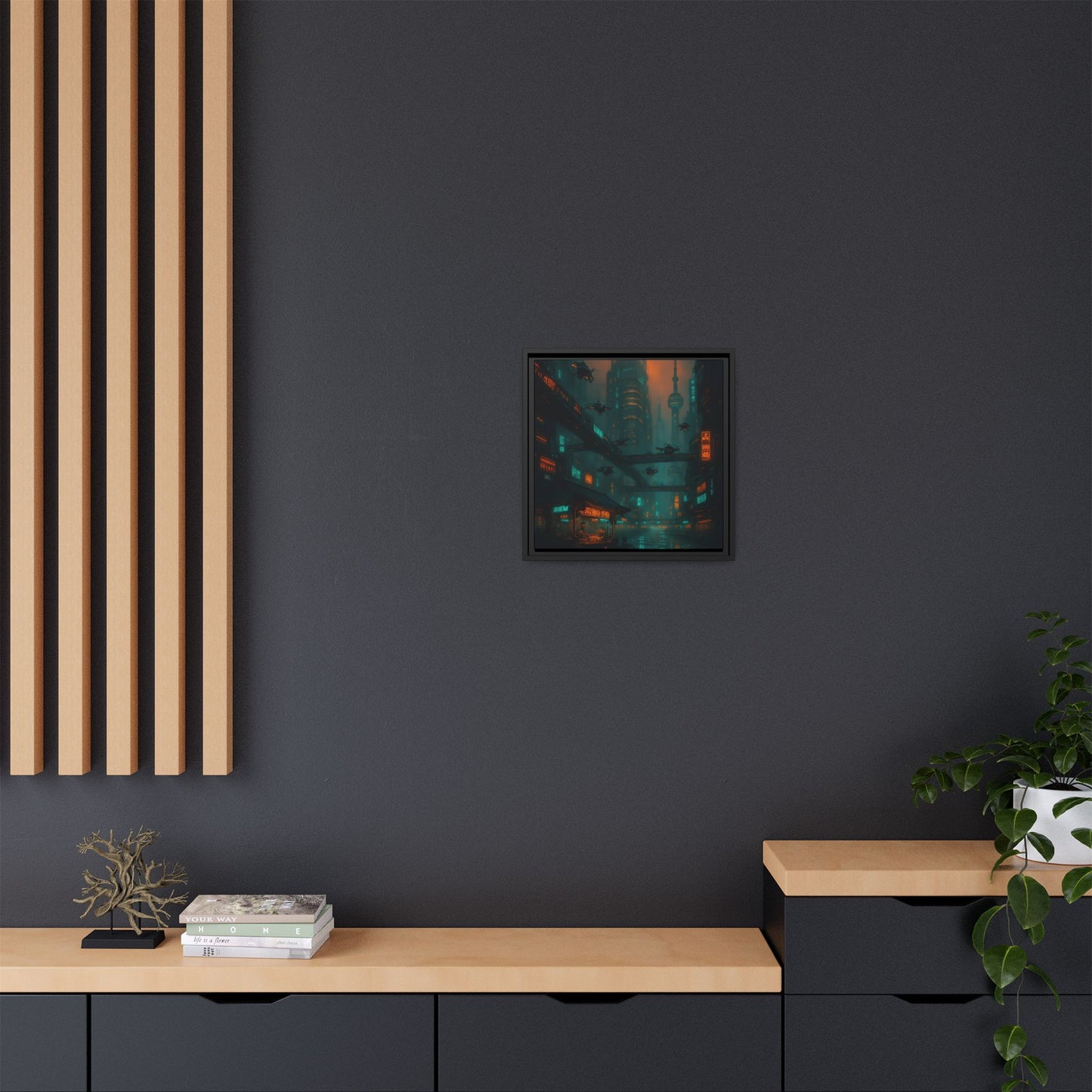 Neon Drone Cityscape Framed Matte Canvas