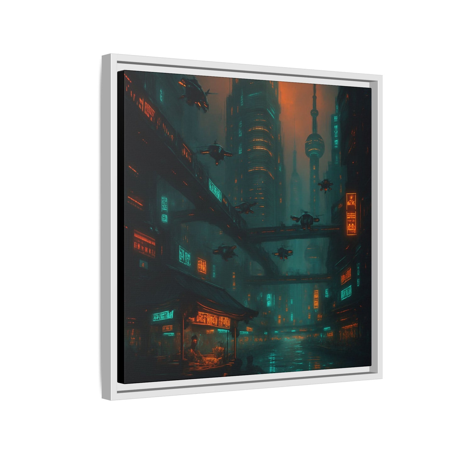 Neon Drone Cityscape Framed Matte Canvas