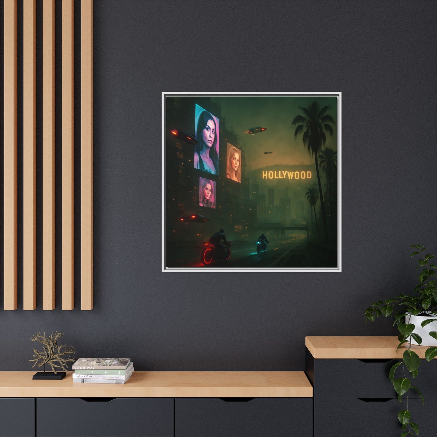 Neon Hollywood Nights Framed Matte Canvas
