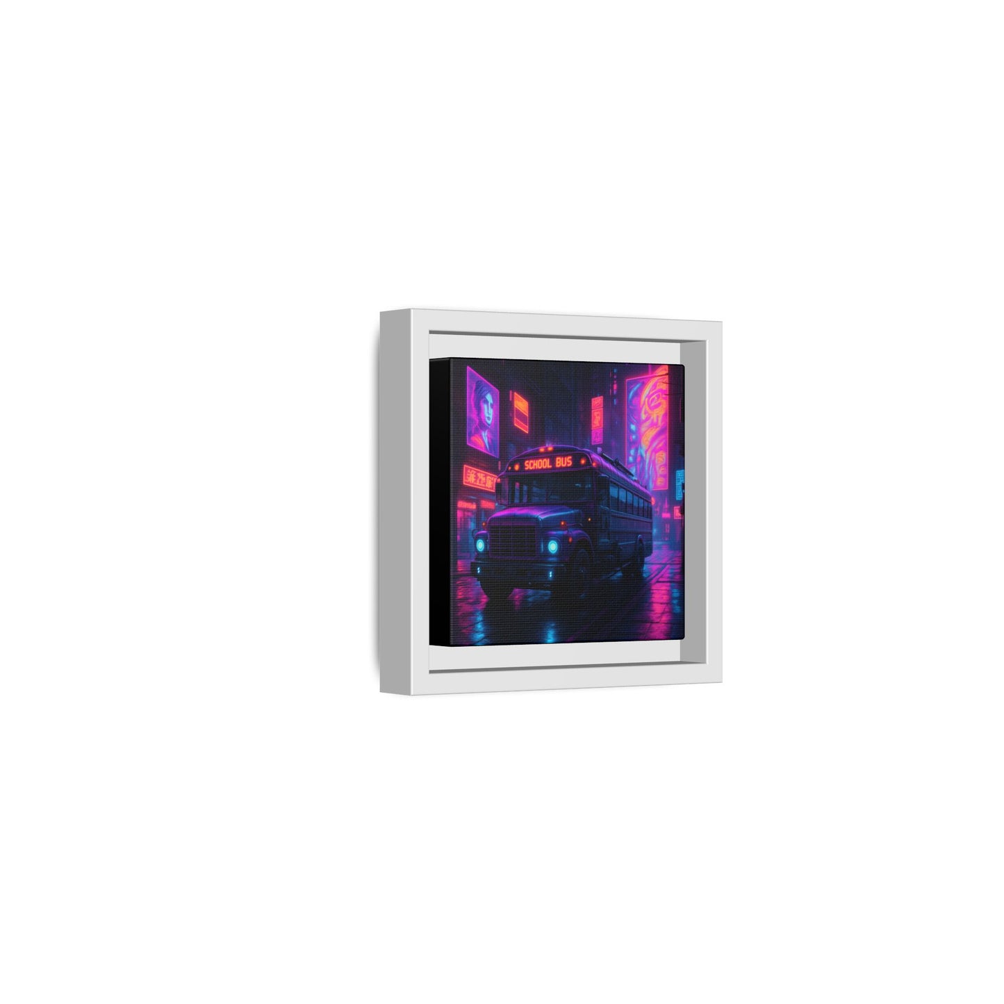 Neon School Bus City Framed Matte Canvas