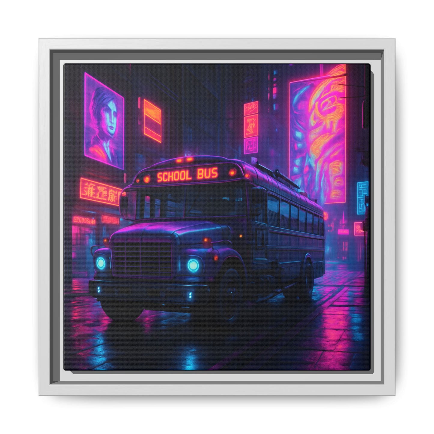 Neon School Bus City Framed Matte Canvas