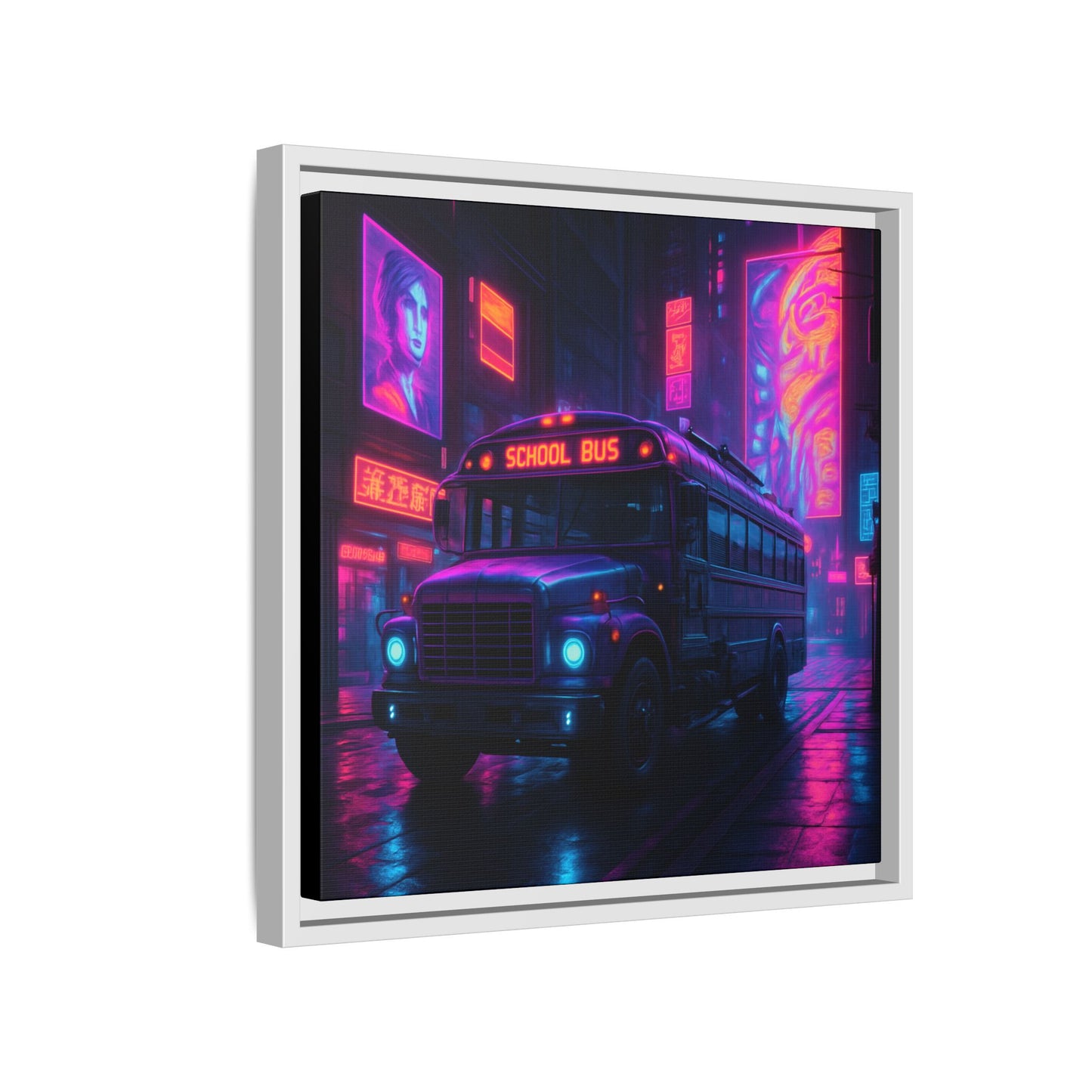 Neon School Bus City Framed Matte Canvas