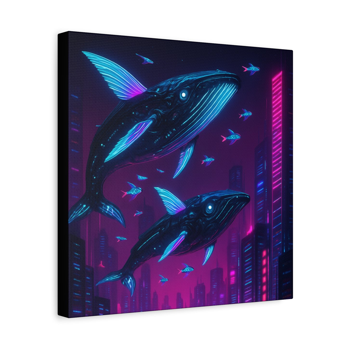 Neon Skyline Whales Matte Canvas