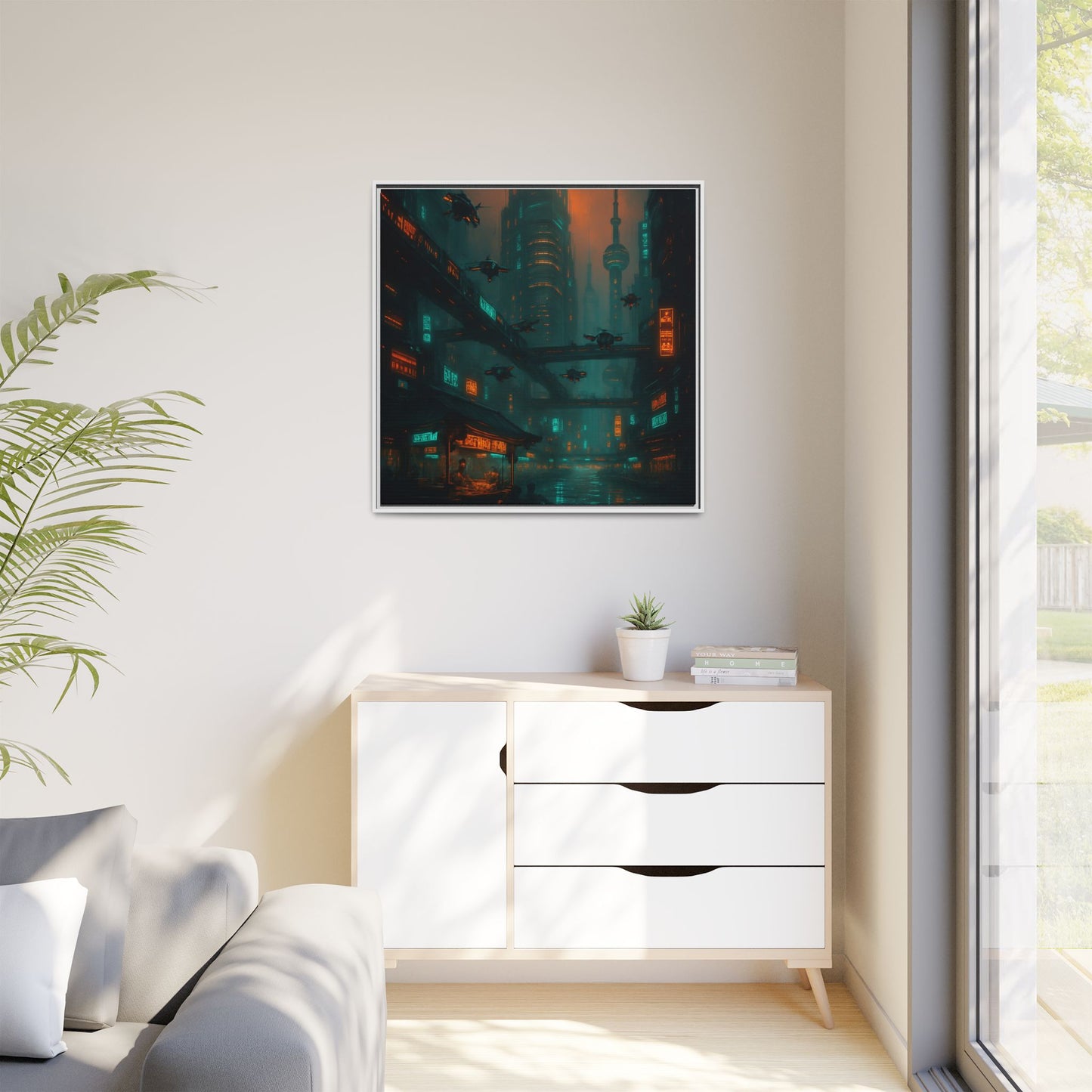 Neon Drone Cityscape Framed Matte Canvas
