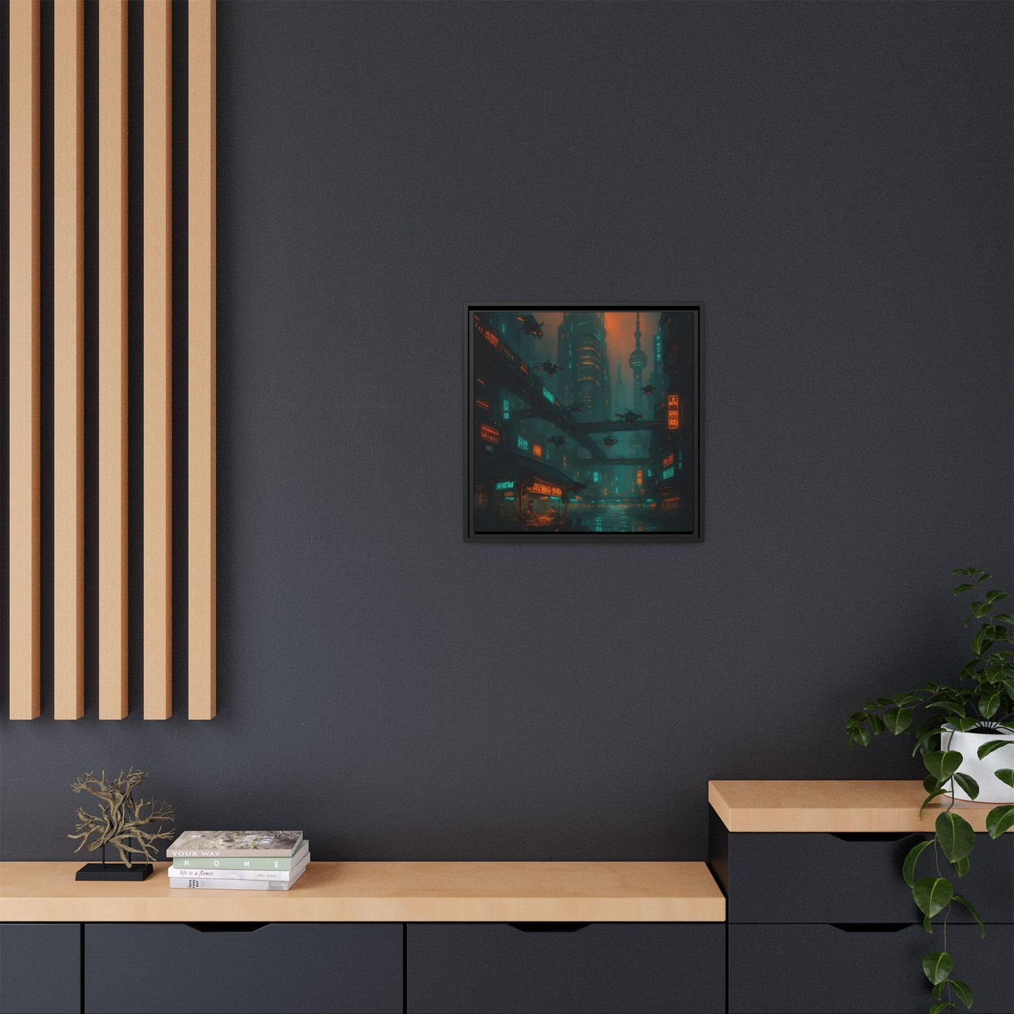 Neon Drone Cityscape Framed Matte Canvas