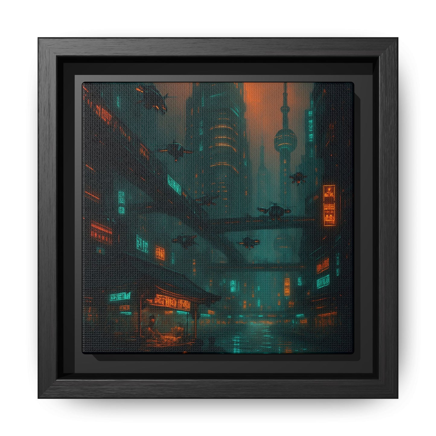 Neon Drone Cityscape Framed Matte Canvas