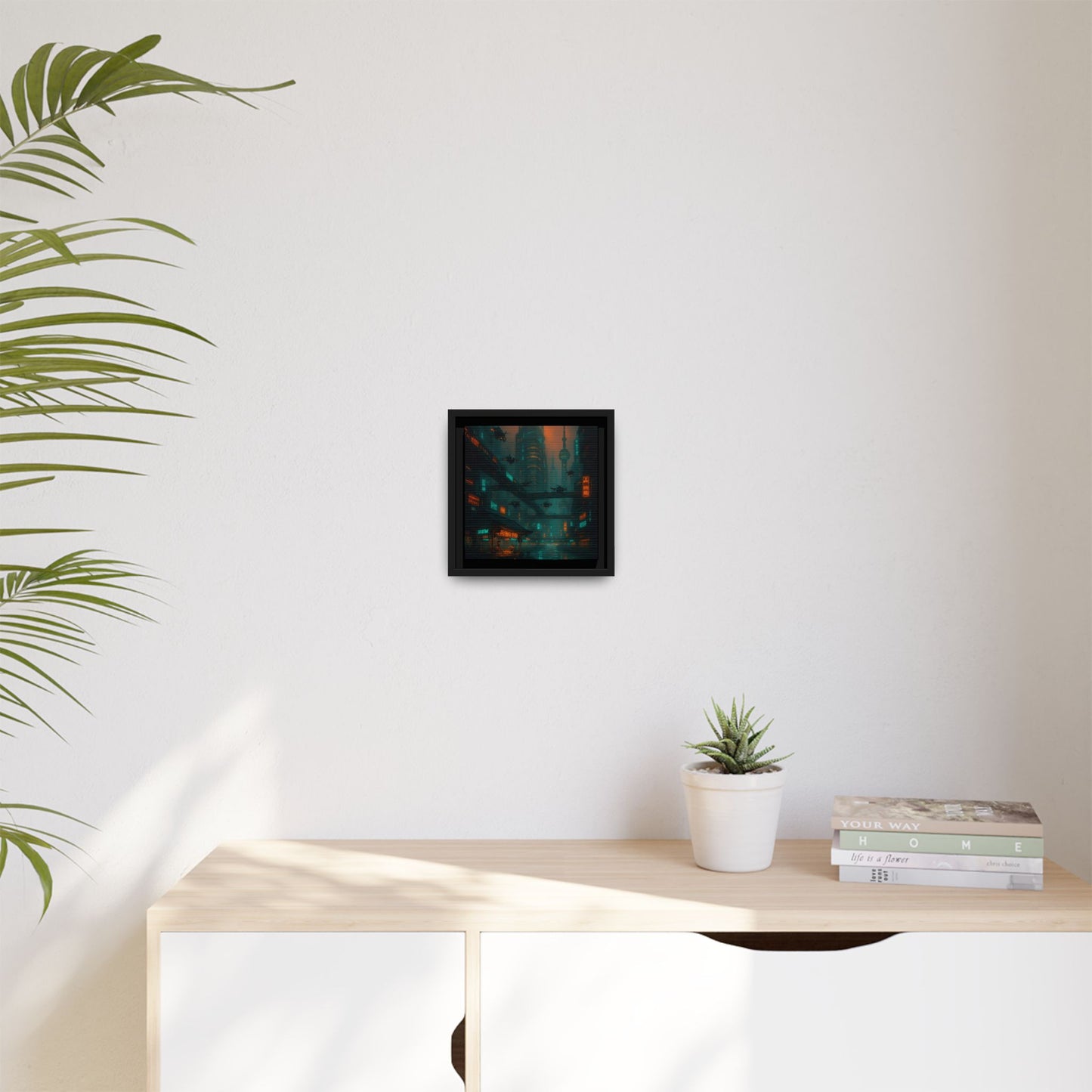 Neon Drone Cityscape Framed Matte Canvas
