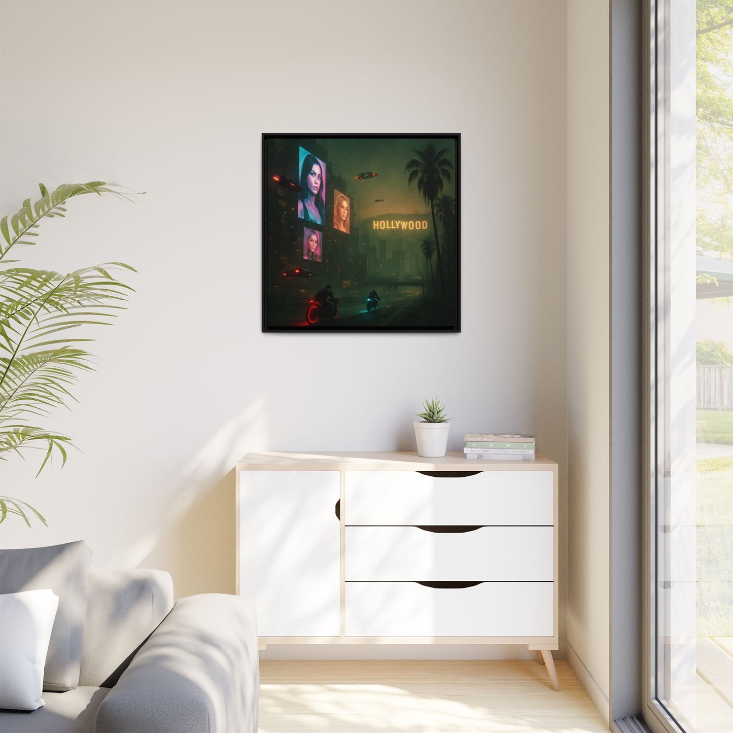 Neon Hollywood Nights Framed Matte Canvas