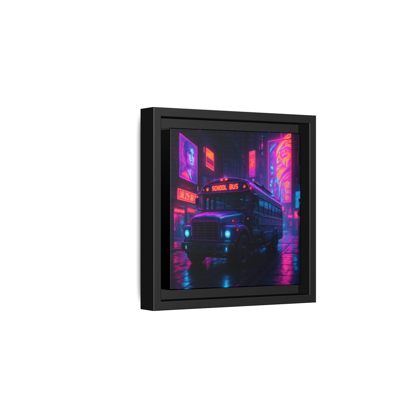 Neon School Bus City Framed Matte Canvas