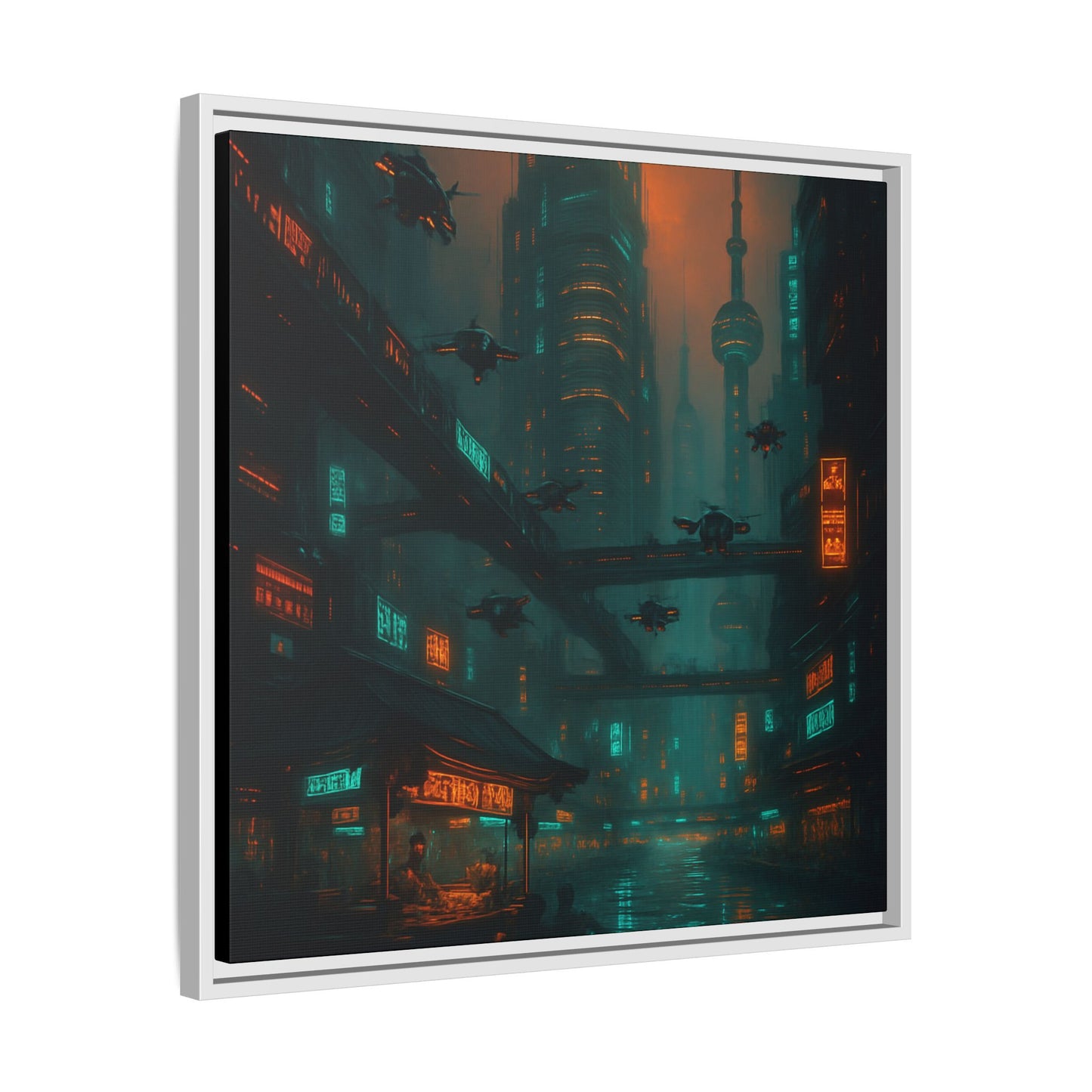 Neon Drone Cityscape Framed Matte Canvas