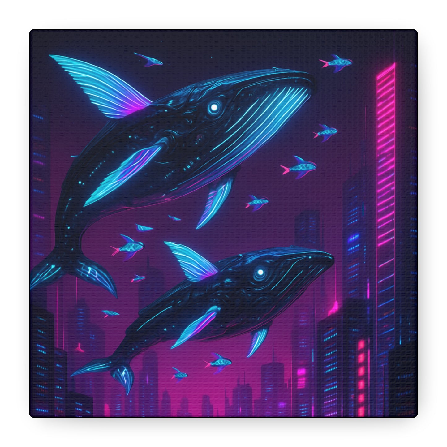 Neon Skyline Whales Matte Canvas