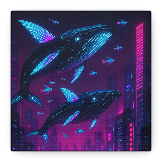 Neon Skyline Whales Matte Canvas