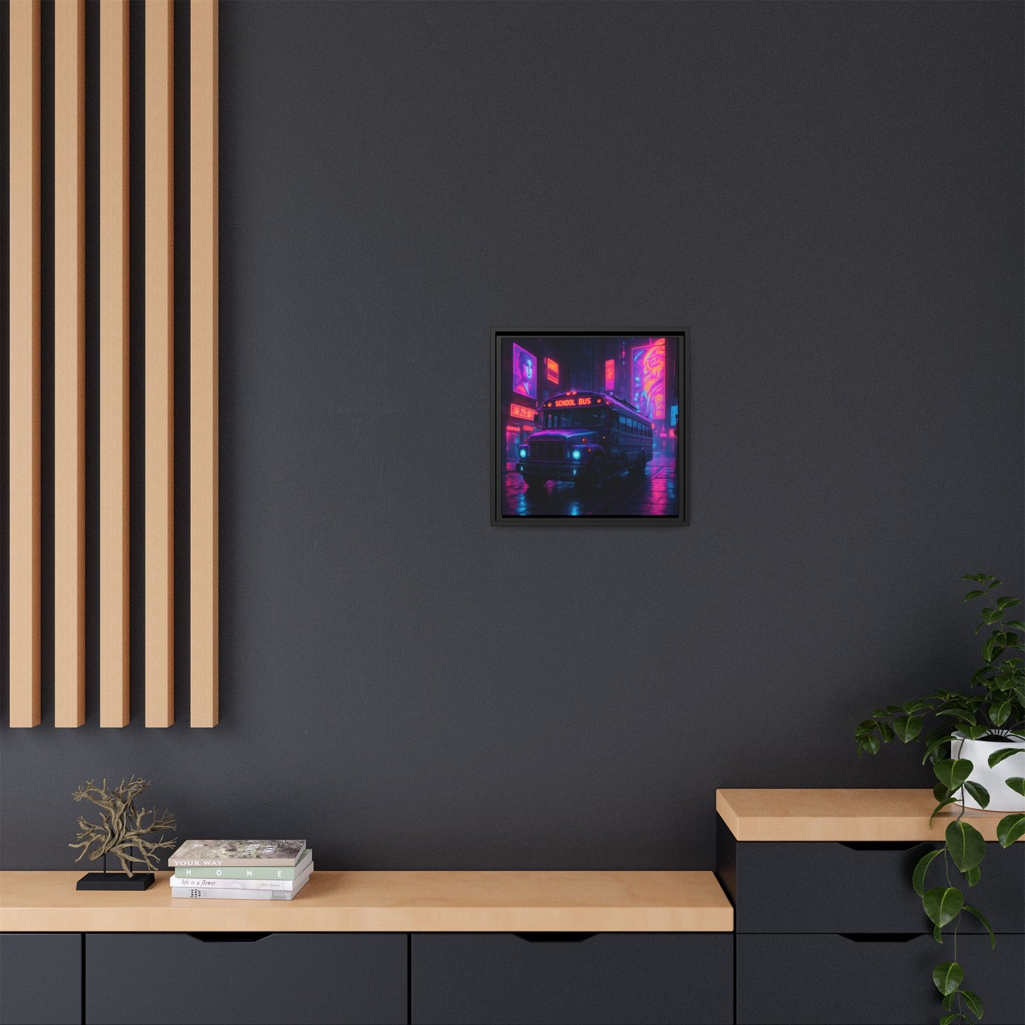 Neon School Bus City Framed Matte Canvas
