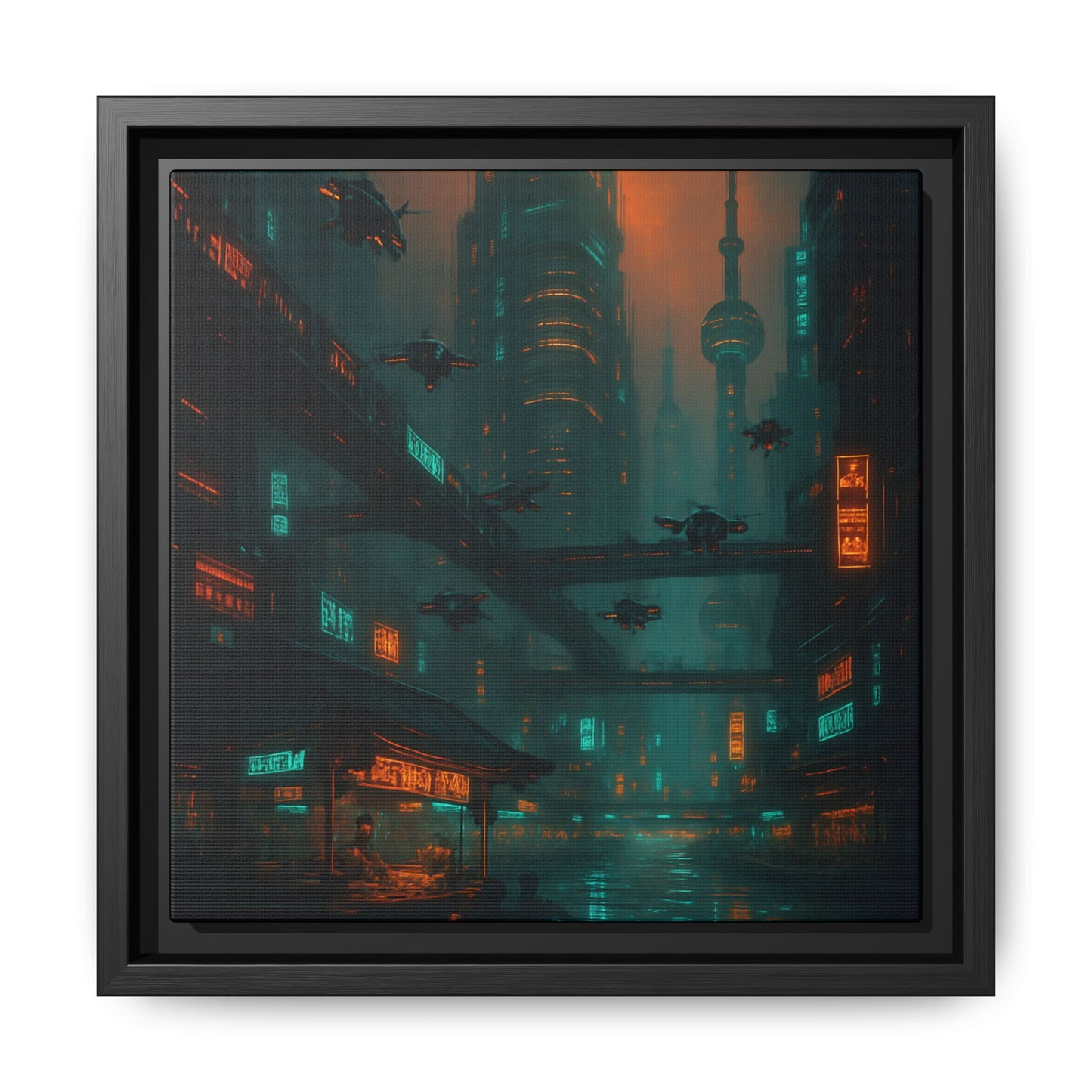 Neon Drone Cityscape Framed Matte Canvas