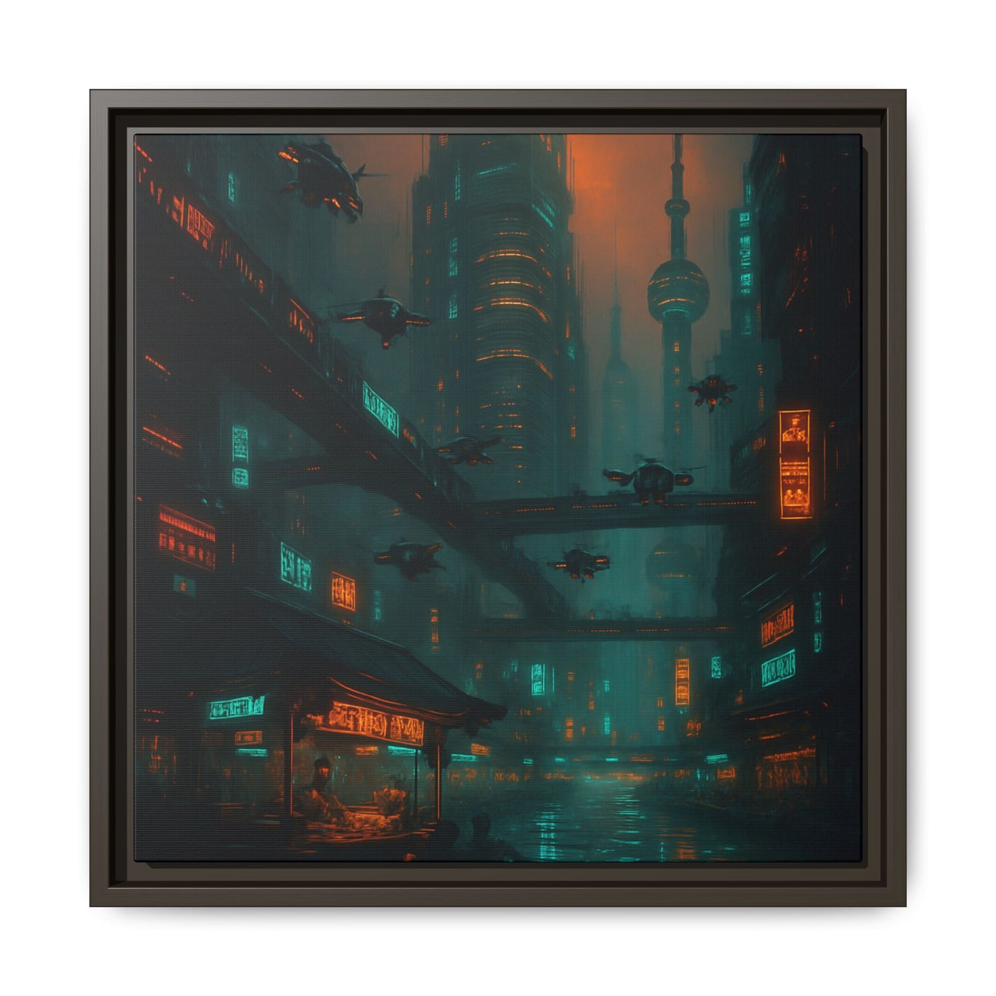Neon Drone Cityscape Framed Matte Canvas