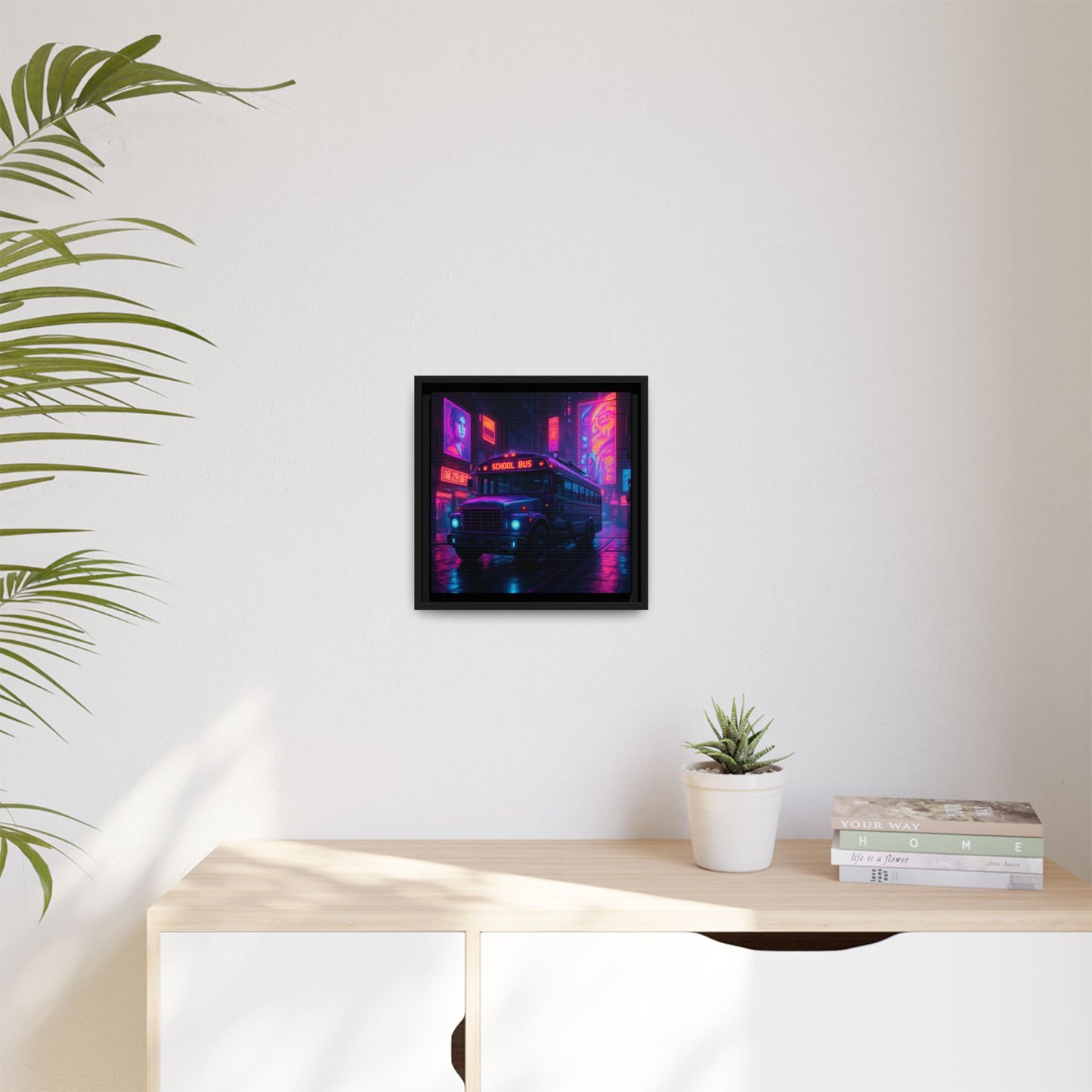 Neon School Bus City Framed Matte Canvas