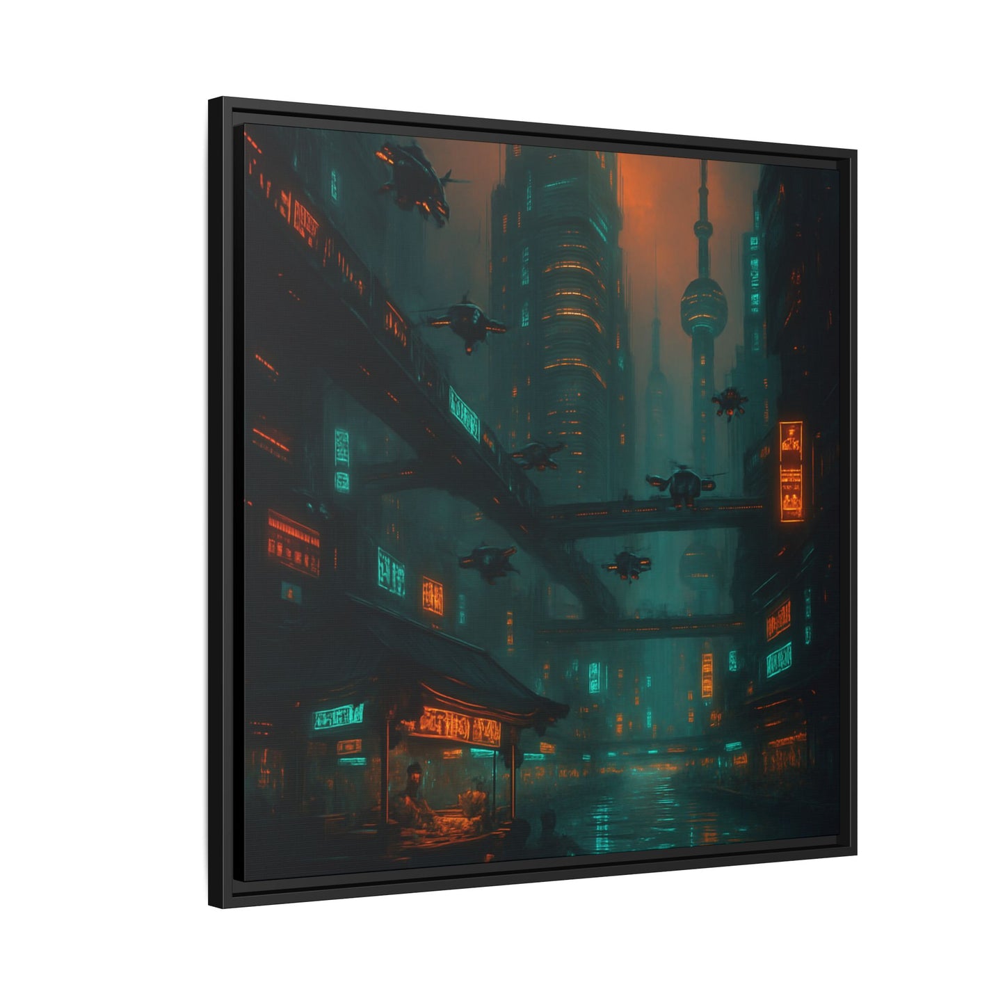 Neon Drone Cityscape Framed Matte Canvas