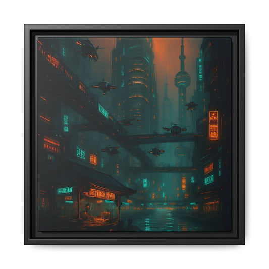 Neon Drone Cityscape Framed Matte Canvas