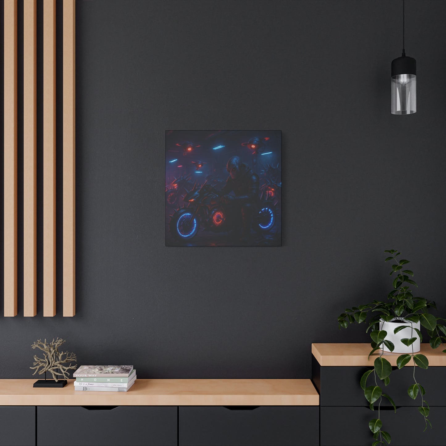 Modern interior with a dark wall, wooden shelf, and abstract artwork.