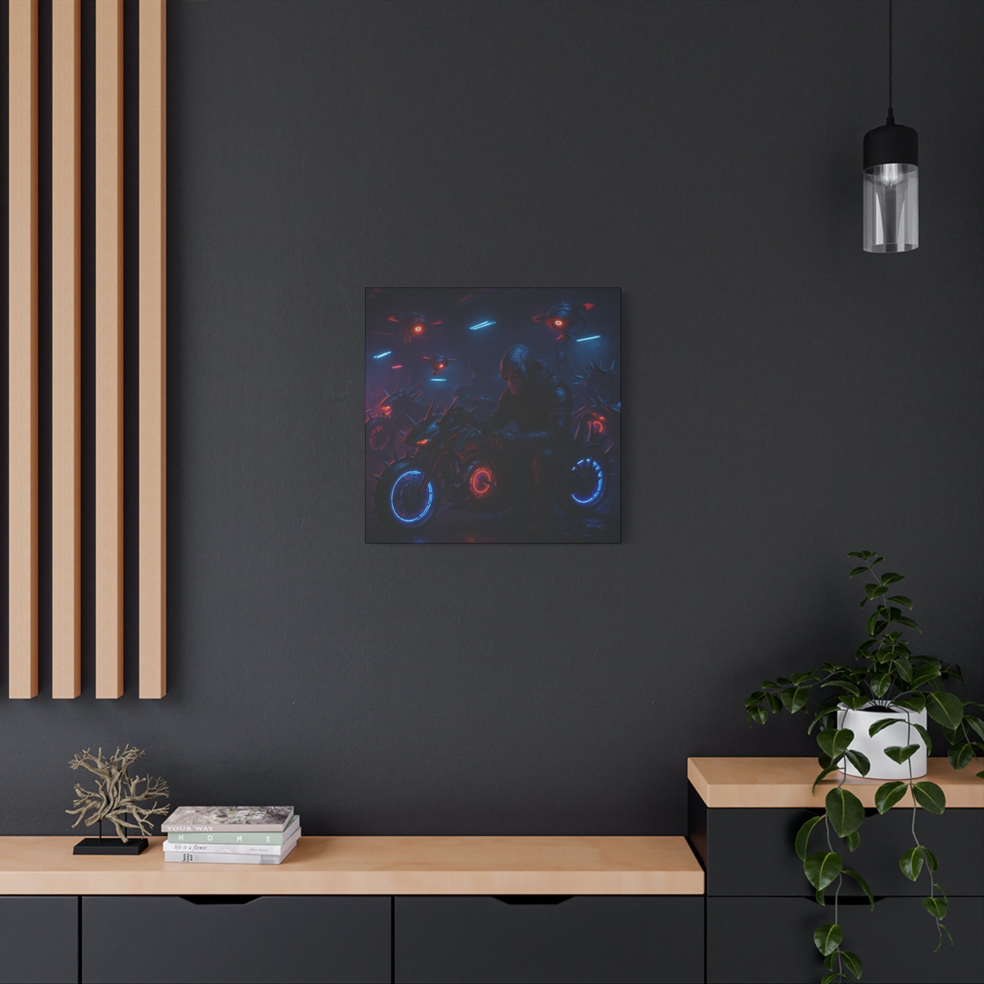 Modern interior with a dark wall, wooden shelf, and abstract artwork.