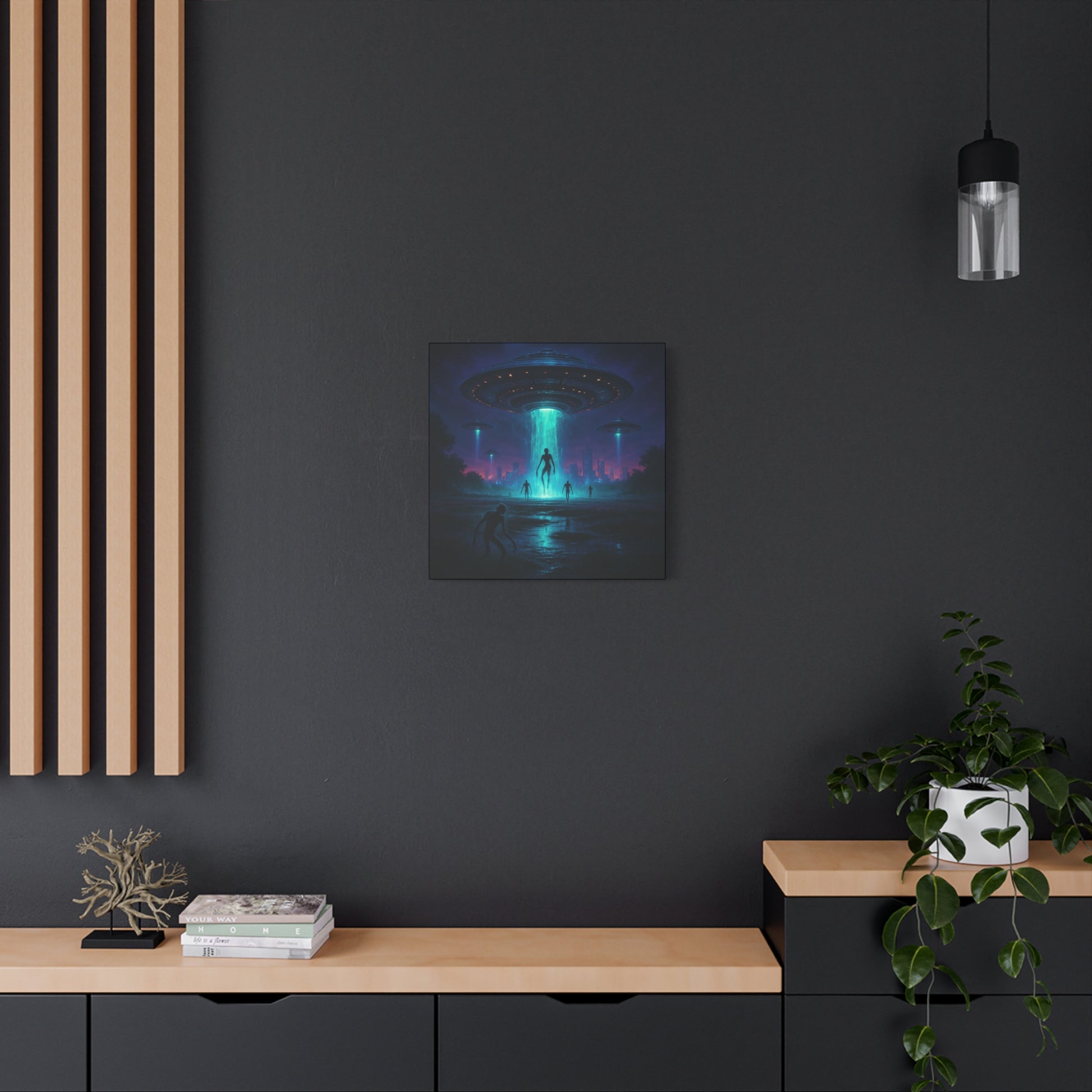 Futuristic artwork on a dark wall with wooden shelves and decor.