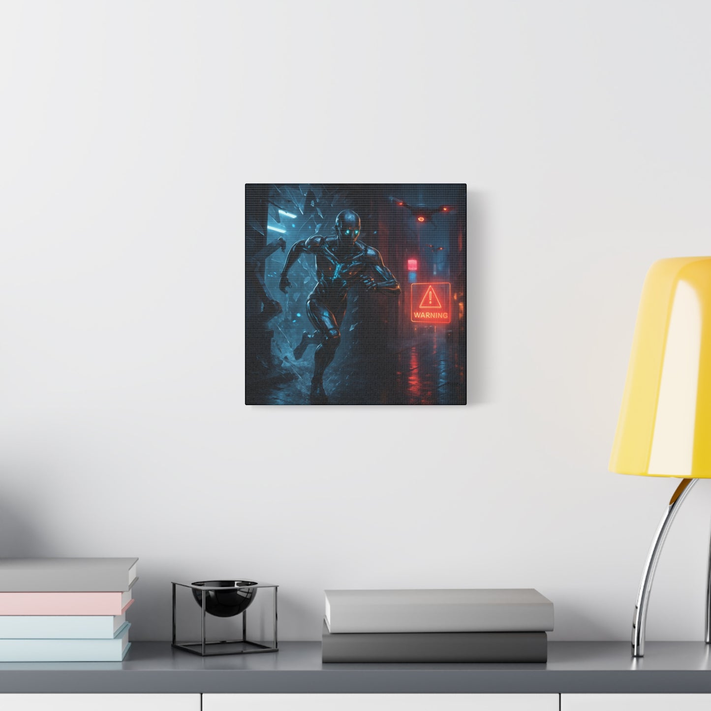 Futuristic robot painting on a wall above a desk with books and a lamp.