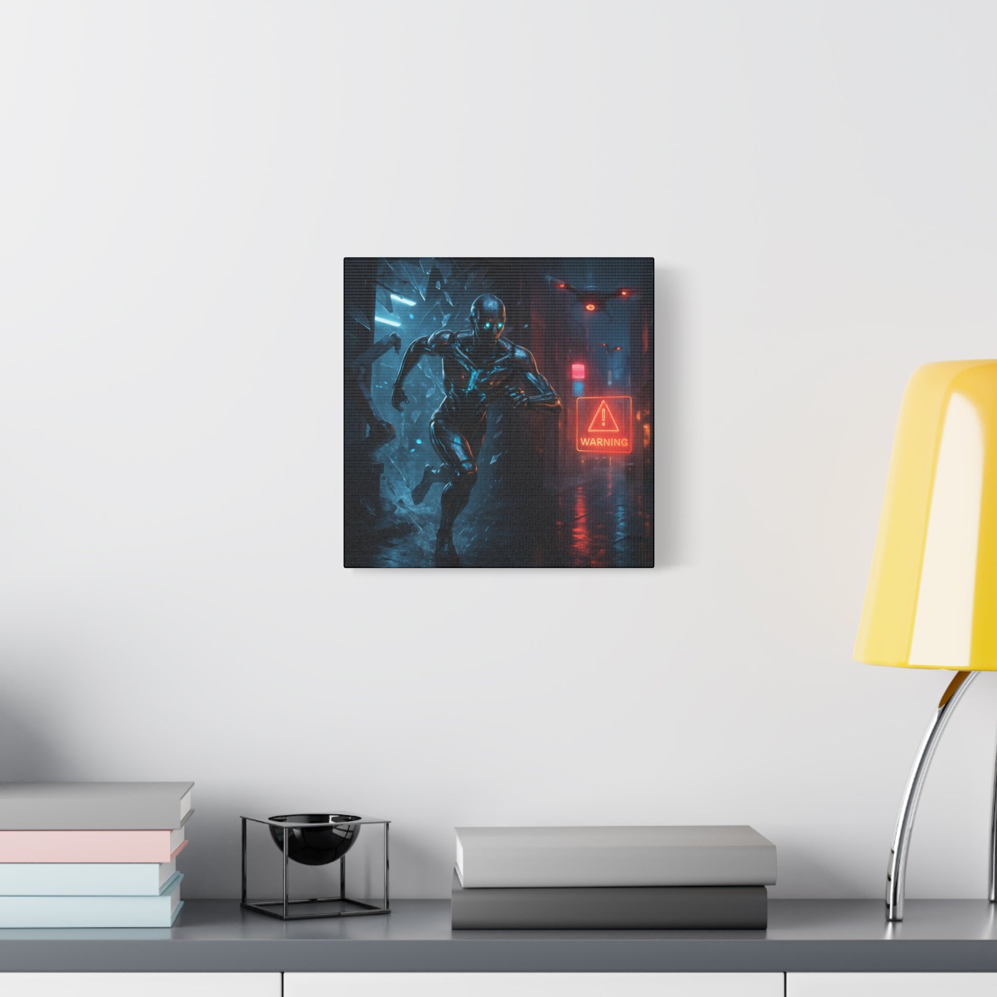 Futuristic robot painting on a wall above a desk with books and a lamp.