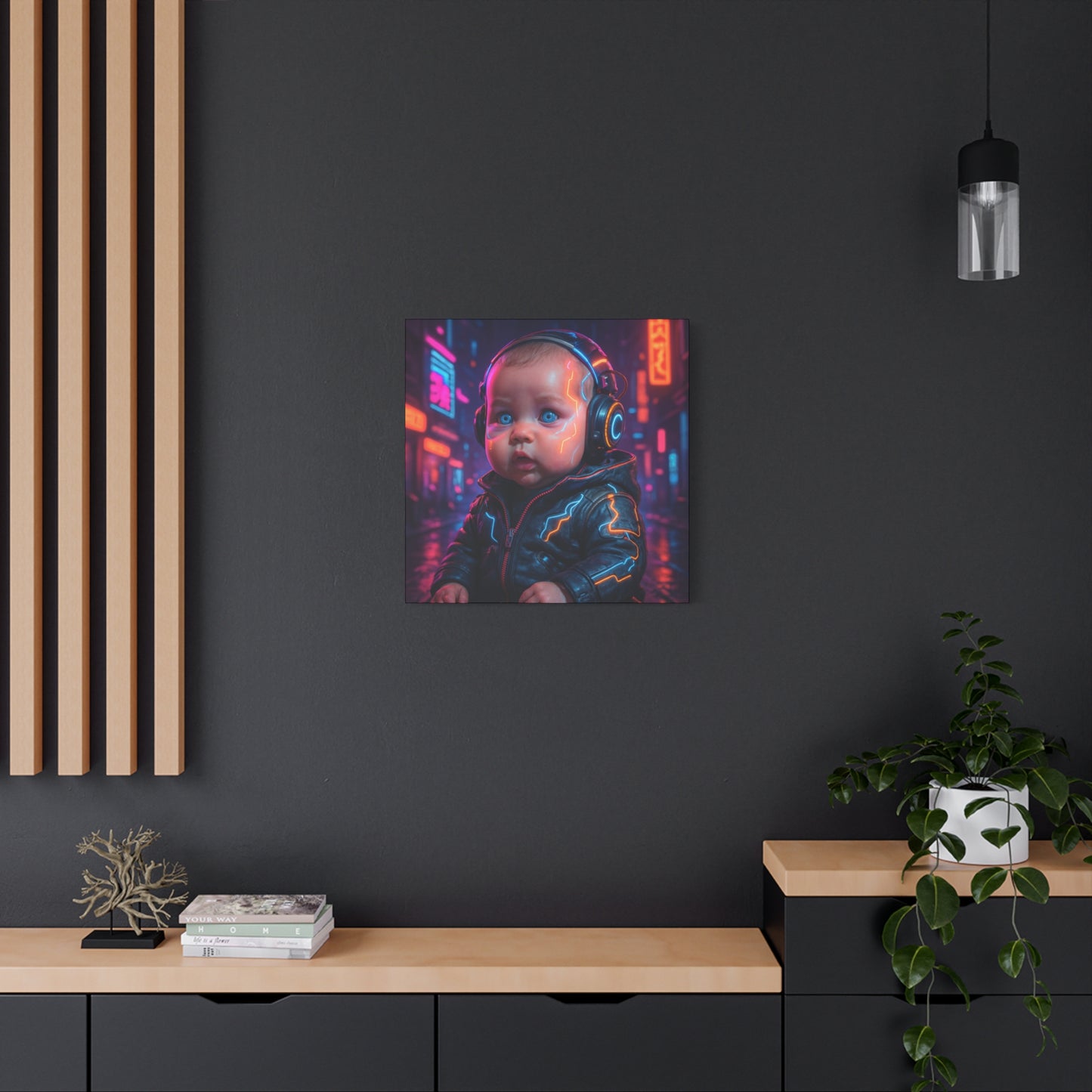 Framed artwork of a child with headphones on a dark wall above a wooden shelf.