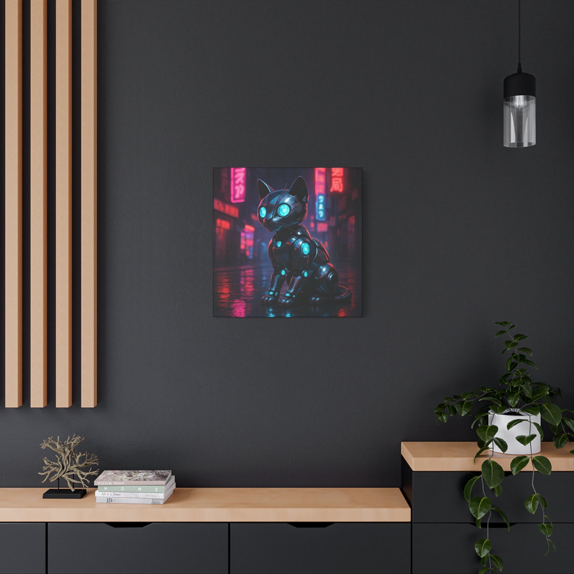Neon cat artwork on a dark wall with wooden shelves and plants.