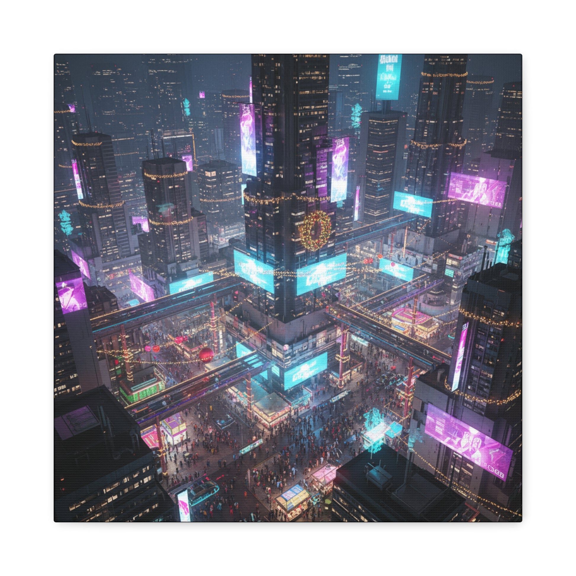 A futuristic cityscape with neon lights at night